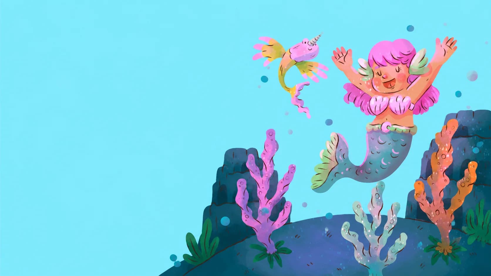 Pink-haired mermaid dancing with a sea unicorn
