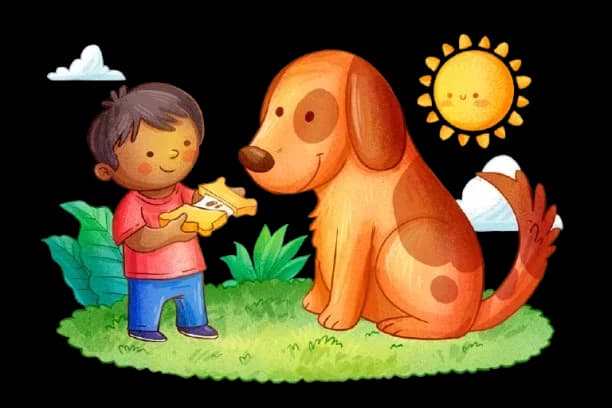 Child sharing a star with a friendly dog