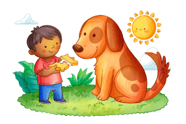 Child sharing a star with a friendly dog