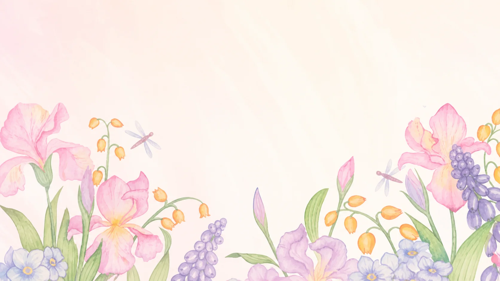 Soft watercolor floral background with irises and dragonflies