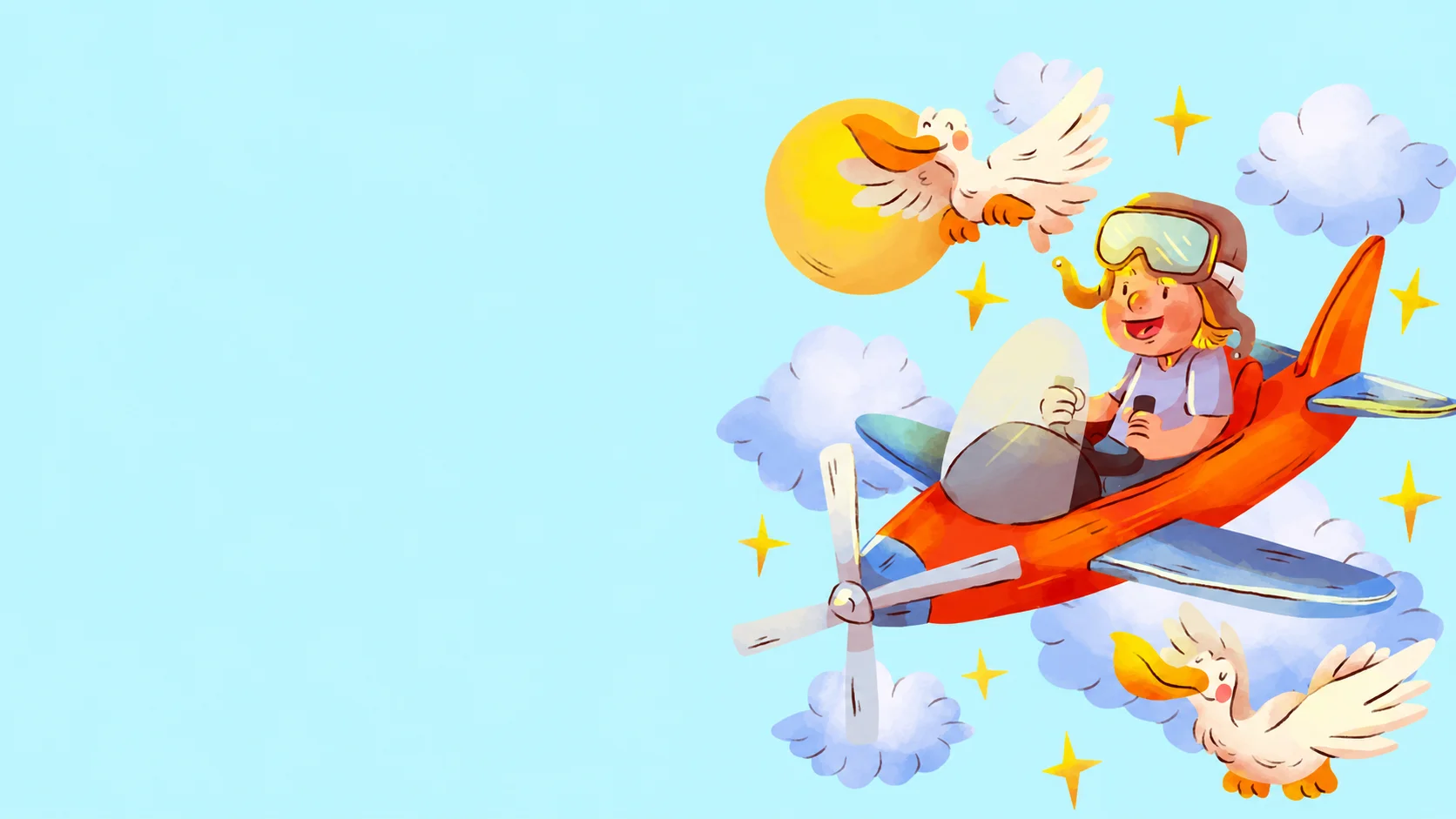 Child flying a red biplane through clouds