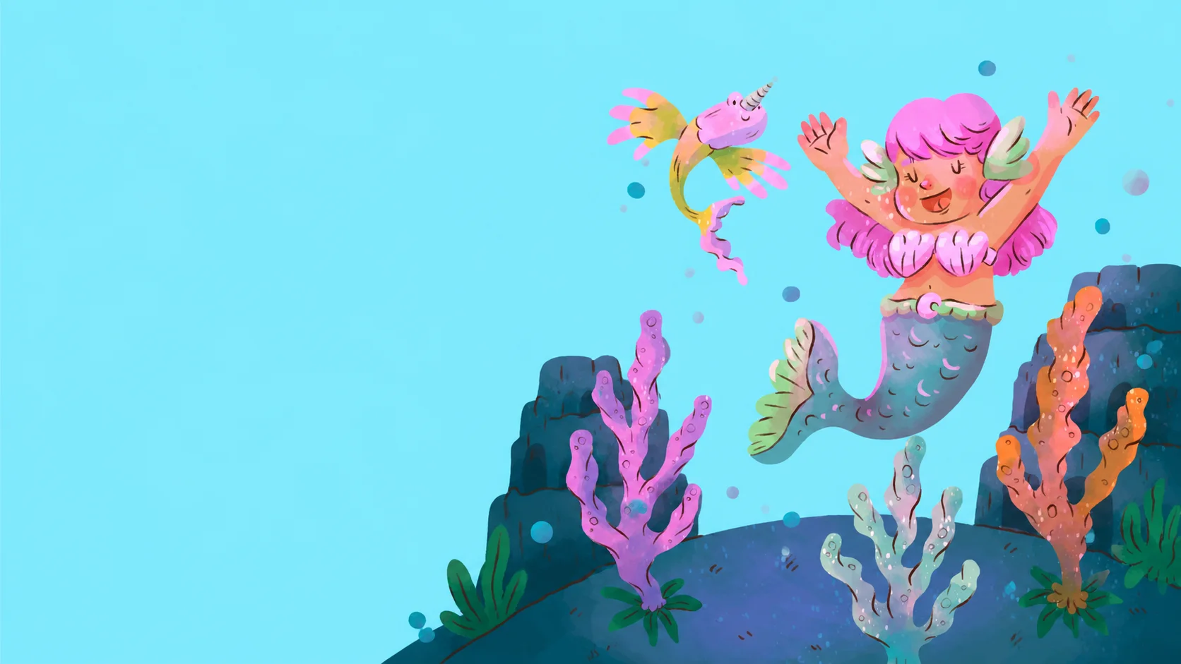 Pink-haired mermaid dancing with a sea unicorn