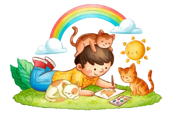 Boy painting with cats under a rainbow