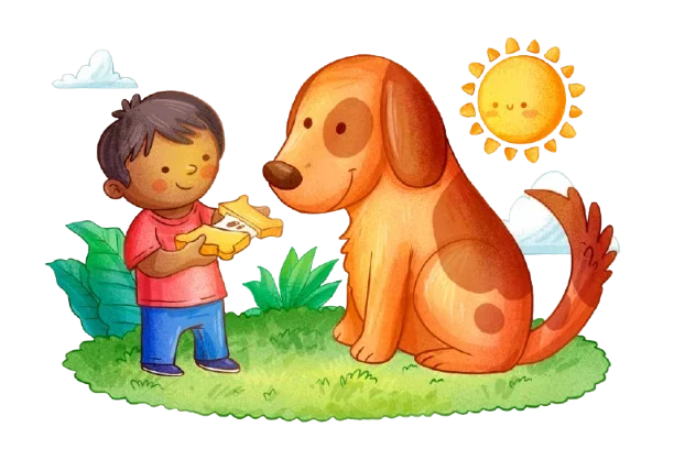 Child sharing a star with a friendly dog